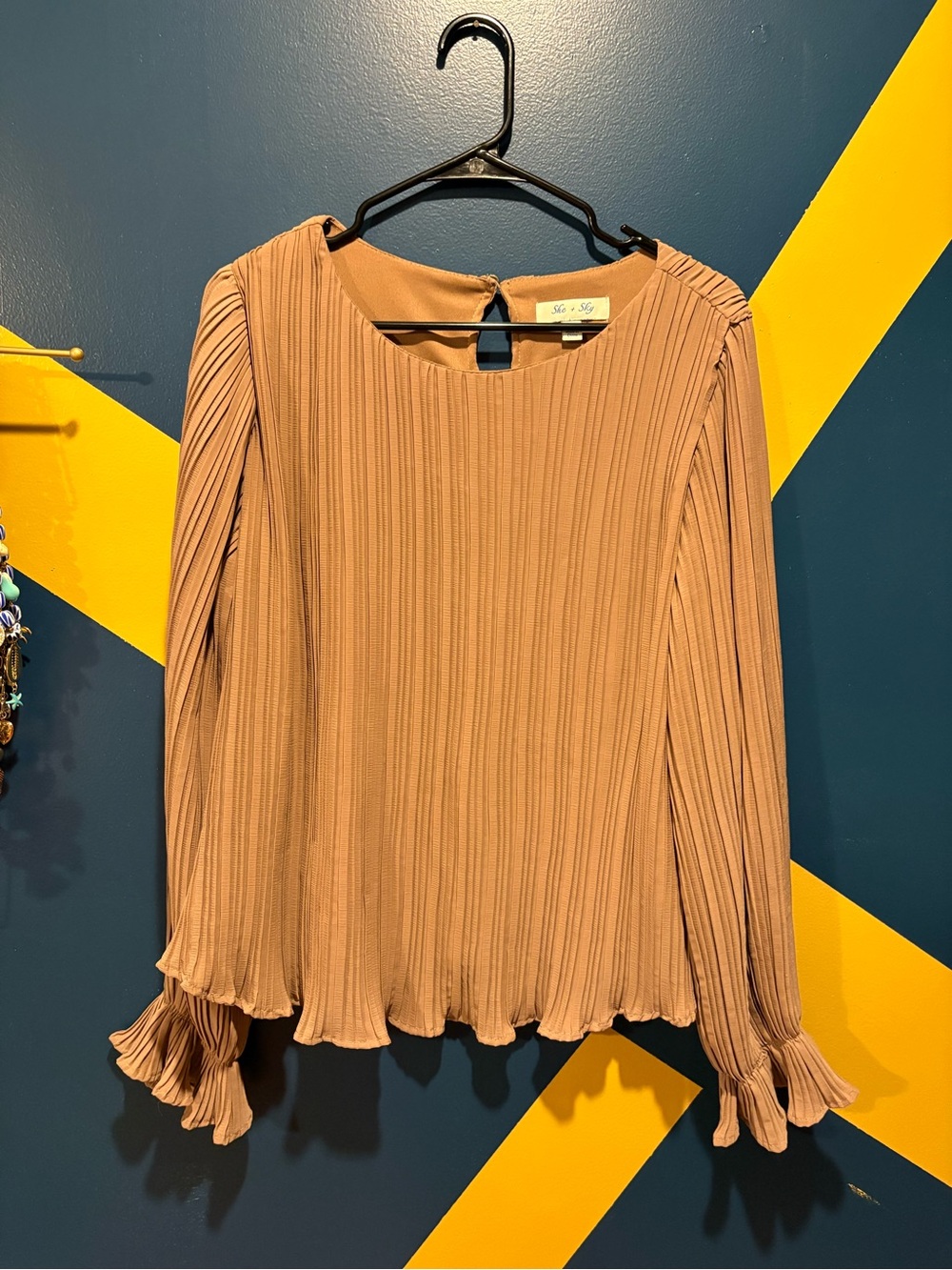She + Sky Tan Pleated Crewneck Blouse NWOT